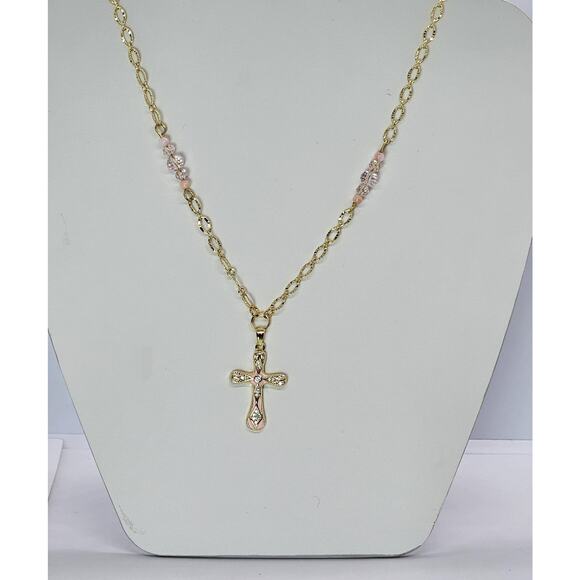 Handmade Pink Cross Necklace Gothic Enamel CZ Charm Adjustable Gold-Plated Chain - Picture 5 of 5